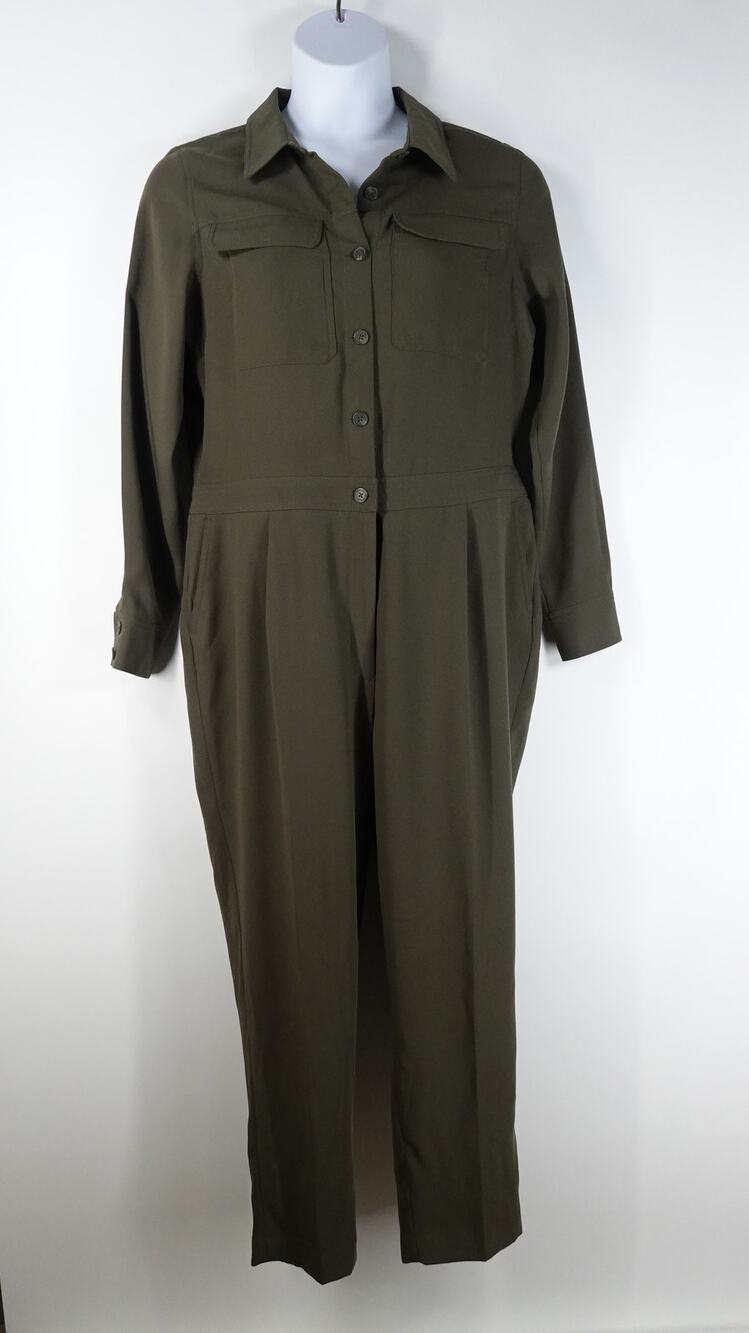 Boden Women's Jumpsuit 14R Green Khaki Zada Straight Leg Long Sleeve Casual